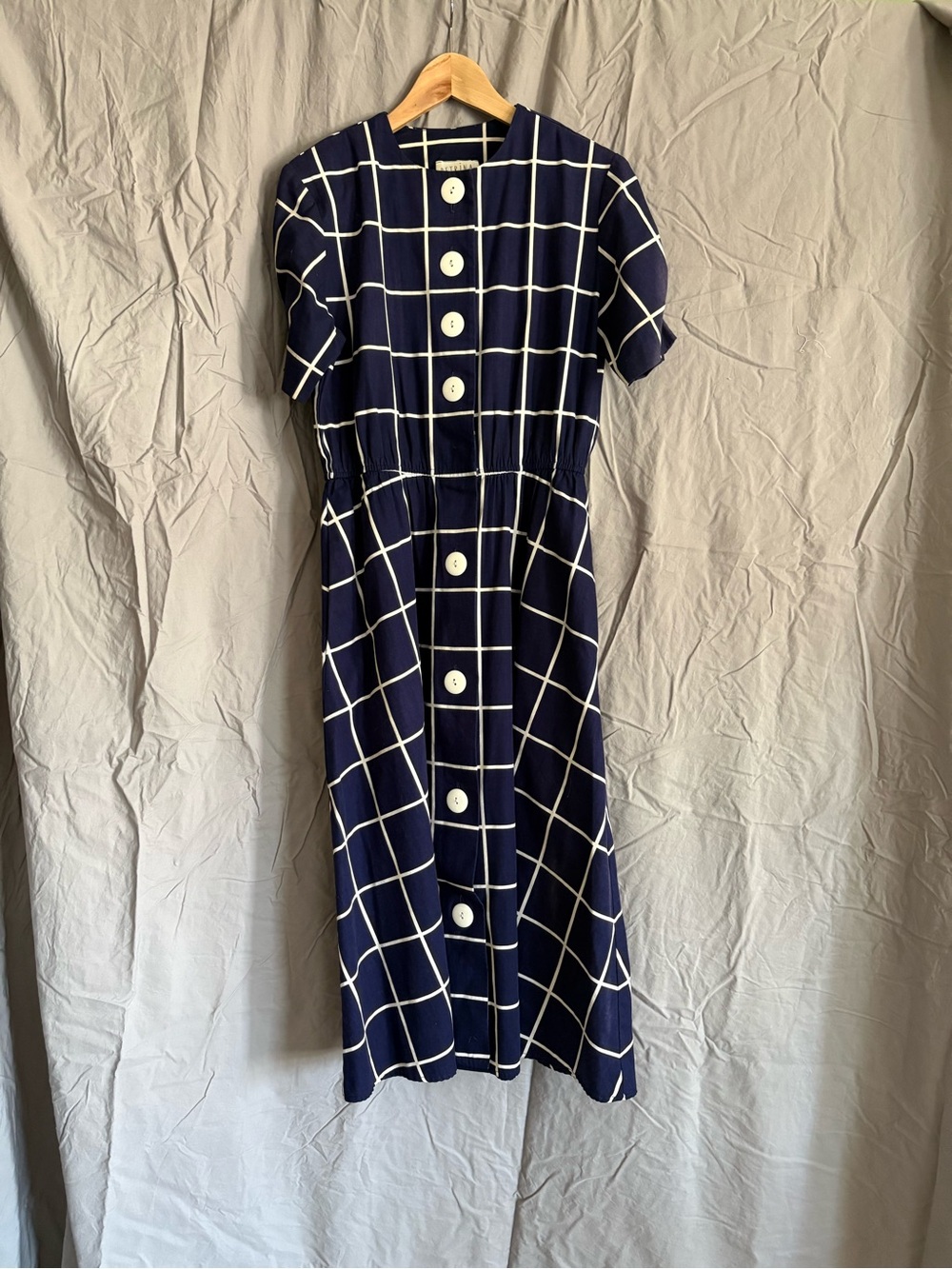 80s Navy Windowpane Button-Front Dress